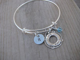 Life Preserver Charm Bracelet- Adjustable Bangle Bracelet with an Initial Charm and an Accent Bead in your choice of colors