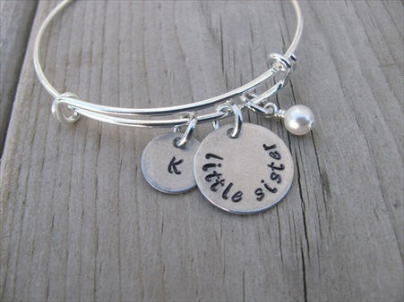 Little Sister Bracelet - hand-stamped "little sister" Bracelet with initial charm  - Hand-Stamped Bracelet  -Adjustable Bangle Bracelet with an accent bead of your choice