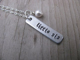 Little Sister Necklace-brushed silver rectangle with "little sis"- Hand-Stamped Necklace with an accent bead in your choice of colors
