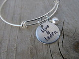 Live and Learn Bracelet - "live & learn"  - Hand-Stamped Bracelet- Adjustable Bangle Bracelet with an accent bead in your choice of colors
