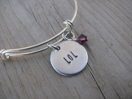 Laugh Out Loud Bracelet- "LOL"  - Hand-Stamped Bracelet- Adjustable Bangle Bracelet with an accent bead of your choice