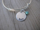 Love Inspiration Bracelet- "love"  - Hand-Stamped Bracelet  -Adjustable Bangle Bracelet with an accent bead of your choice