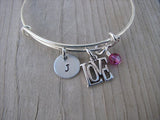 Love Charm Bracelet- Adjustable Bangle Bracelet with an Initial Charm and an Accent Bead in your choice of colors