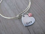 Love Heart Bracelet- Hand-Stamped heart with "love"- Hand-Stamped Bracelet -Adjustable Bangle Bracelet with an accent bead of your choice