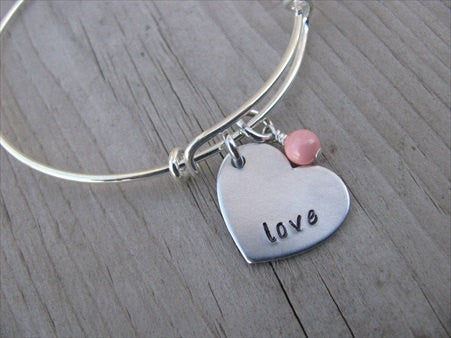 Love Heart Bracelet- Hand-Stamped heart with "love"- Hand-Stamped Bracelet -Adjustable Bangle Bracelet with an accent bead of your choice