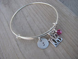 Love Charm Bracelet- Adjustable Bangle Bracelet with an Initial Charm and an Accent Bead in your choice of colors