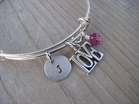 Love Charm Bracelet- Adjustable Bangle Bracelet with an Initial Charm and an Accent Bead in your choice of colors