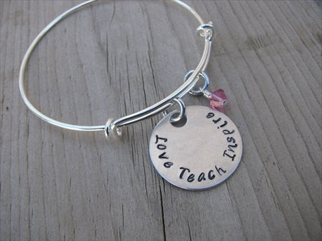 Teacher's Bracelet- "Love Teach Inspire" Bracelet-  Hand-Stamped Bracelet- Adjustable Bangle Bracelet with an accent bead of your choice