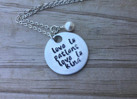 Love Is Patient Necklace- Hand-Stamped Necklace "love is patient love is kind" and with an accent bead in your choice of colors
