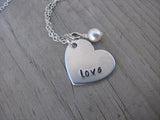 Love Heart Necklace- Hand-Stamped heart with "love" -Necklace with an accent bead in your choice of colors