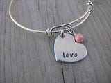 Love Heart Bracelet- Hand-Stamped heart with "love"- Hand-Stamped Bracelet -Adjustable Bangle Bracelet with an accent bead of your choice