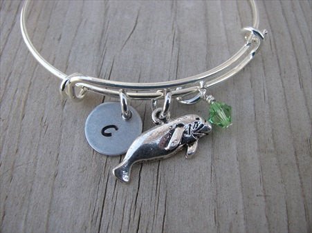Manatee Charm Bracelet- Adjustable Bangle Bracelet with an Initial Charm and an Accent Bead of your choice
