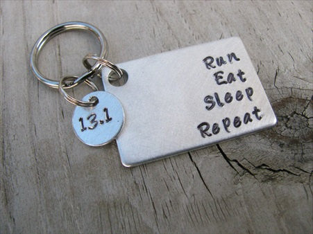 Half Marathon Keychain- "Run Eat Sleep Repeat" with extra disc with "13.1"- Hand Stamped Metal Keychain