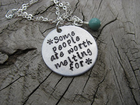 Hand-Stamped Necklace- "Some people are worth melting for" with a snowflakes- Hand-Stamped Necklace with an accent bead of your choice