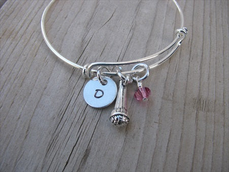 Microphone Charm Bracelet- Gift for Singer- Adjustable Bangle Bracelet with an Initial Charm and an Accent bead of your choice