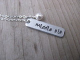 Middle Sister Necklace-brushed silver rectangle with "middle sis"- Hand-Stamped Necklace with an accent bead in your choice of colors