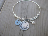 Middle Sister Bracelet - hand-stamped "middle sister" Bracelet with initial charm  - Hand-Stamped Bracelet  -Adjustable Bangle Bracelet with an accent bead of your choice