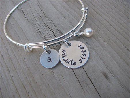 Middle Sister Bracelet - hand-stamped "middle sister" Bracelet with initial charm  - Hand-Stamped Bracelet  -Adjustable Bangle Bracelet with an accent bead of your choice