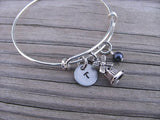Windmill Charm Bracelet- Adjustable Bangle Bracelet with an Initial Charm and an Accent Bead of your choice