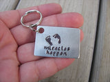 Expectant Mother or Father Keychain, Baby Shower Gift- hand-stamped footprints, with "miracles happen"- Hand Stamped Metal Keychain