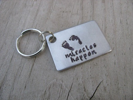 Expectant Mother or Father Keychain, Baby Shower Gift- hand-stamped footprints, with "miracles happen"- Hand Stamped Metal Keychain