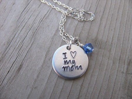 Mom Necklace- "I ♥ my mom" - Hand-Stamped Necklace with an accent bead in your choice of colors