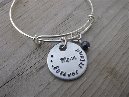 Mother's Bracelet - "Mom...forever friend" Bracelet-  Hand-Stamped Bracelet- Adjustable Bangle Bracelet with an accent bead of your choice