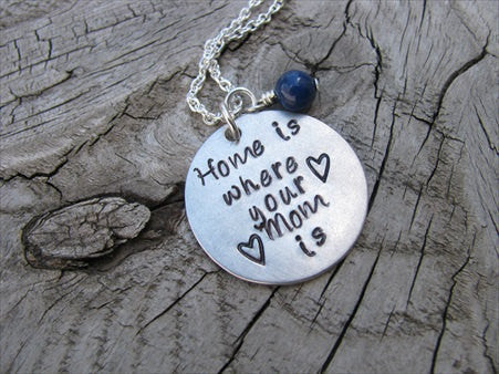 Mom Necklace- "Home is where your Mom is" with hearts  - Hand-Stamped Necklace with an accent bead in your choice of colors