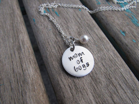Mom of Boys Necklace- "mom of boys"- Hand-Stamped Necklace with an accent bead in your choice of colors