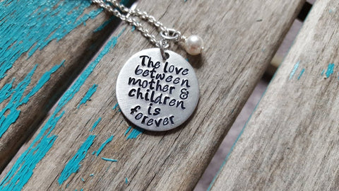Mother and Daughter Necklace- Hand-Stamped Necklace "The love between mother & children is forever" and with an accent bead in your choice of colors