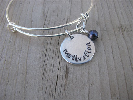 Motivation Inspiration Bracelet- "motivation"  - Hand-Stamped Bracelet  -Adjustable Bangle Bracelet with an accent bead of your choice