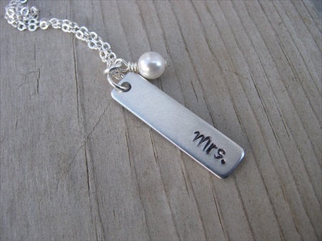 Newlywed Necklace, Hand-Stamped Rectangle Pendant Necklace "Mrs." - Hand-Stamped Necklace with an accent bead of your choice