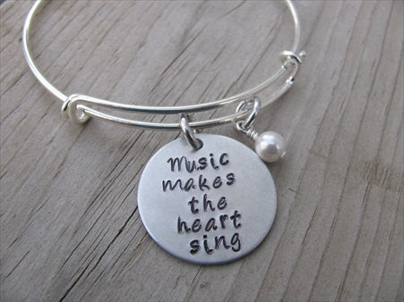 Music Quote Inspiration Bracelet- "Music makes the heart sing" Bracelet-  Hand-Stamped Bracelet- Adjustable Bangle Bracelet with an accent bead of your choice