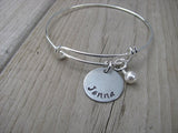 Personalized Name Bangle Bracelet- Adjustable Bangle Bracelet with Hand-Stamped Name of your choice and an accent bead of choice