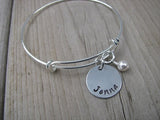 Personalized Name Bangle Bracelet- Adjustable Bangle Bracelet with Hand-Stamped Name of your choice and an accent bead of choice