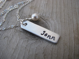 Name Necklace-brushed silver rectangle with a name of your choice -Hand-Stamped Necklace with an accent bead in your choice of colors