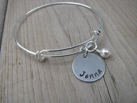 Personalized Name Bangle Bracelet- Adjustable Bangle Bracelet with Hand-Stamped Name of your choice and an accent bead of choice