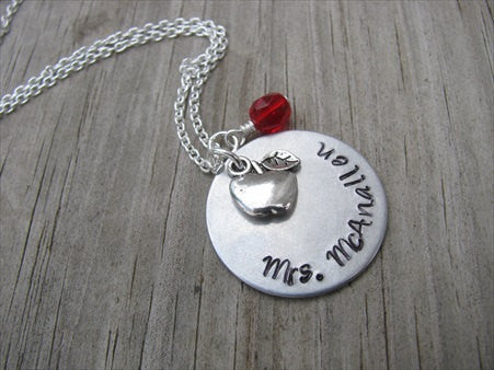 Teacher's Necklace, Gift for Teacher, End of School Year Gift- "Mrs. (name)"  - Hand-Stamped Necklace with an accent bead of your choice