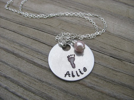 Mother's Necklace, Expectant Mother Necklace, Baby Shower Gift- hand-stamped footprint, with child's name - Hand-Stamped Necklace with an accent bead of your choice
