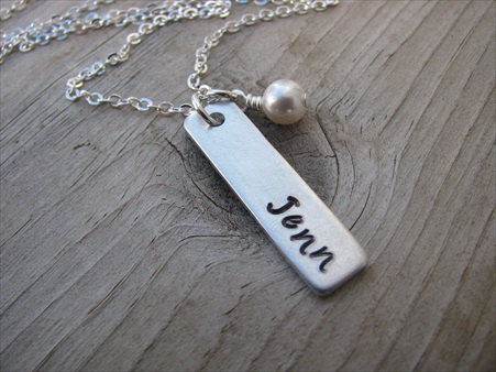 Name Necklace-brushed silver rectangle with a name of your choice -Hand-Stamped Necklace with an accent bead in your choice of colors