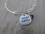 Never Settle Bracelet- "never settle"  - Hand-Stamped Bracelet- Adjustable Bangle Bracelet with an accent bead in your choice of colors