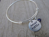 Never Settle Bracelet- "never settle"  - Hand-Stamped Bracelet- Adjustable Bangle Bracelet with an accent bead in your choice of colors