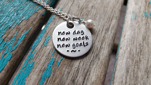 New Day Necklace- Hand-Stamped Necklace "new day new week new goals" with an accent bead in your choice of colors