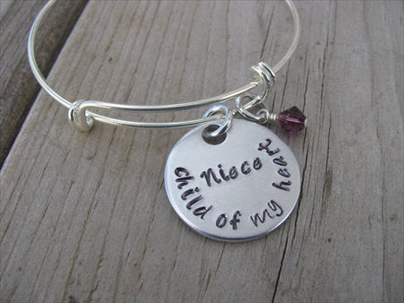 Niece Bracelet- "Niece child of my heart" - Hand-Stamped Bracelet- Adjustable Bangle Bracelet with an accent bead of your choice