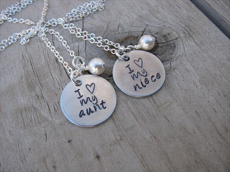 Aunt, Niece Necklace Set, "I ♥ my aunt" and "I ♥ my niece" with an accent bead of your choice on each- set of 2 necklaces- Hand-Stamped Necklaces  -with an accent bead of your choice