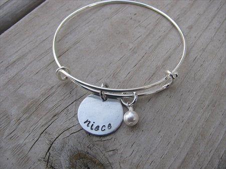 Niece Bracelet- "niece"  - Hand-Stamped Bracelet- Adjustable Bangle Bracelet with an accent bead in your choice of colors