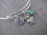 Owl Charm Bracelet- Adjustable Bangle Bracelet with an Initial Charm and an Accent Bead of your choice