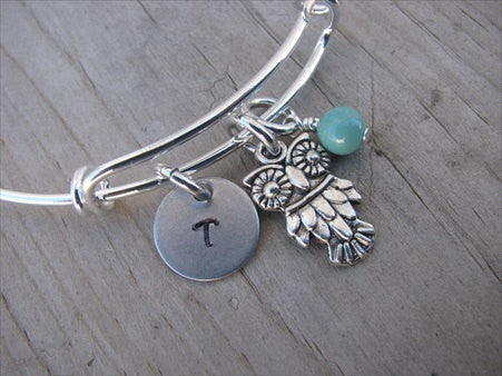 Owl Charm Bracelet- Adjustable Bangle Bracelet with an Initial Charm and an Accent Bead of your choice
