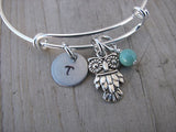 Owl Charm Bracelet- Adjustable Bangle Bracelet with an Initial Charm and an Accent Bead of your choice