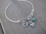 Owl Charm Bracelet- Adjustable Bangle Bracelet with an Initial Charm and an Accent Bead of your choice